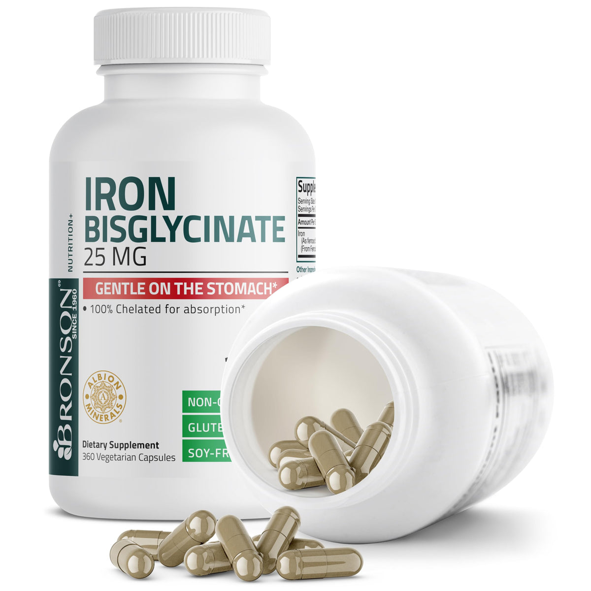 Bronson Iron Bisglycinate 25 mg, 90 Vegetarian Capsules | Gentle on the Stomach, Non-Constipating, Supports Energy & Red Blood Cell Production, Non-GMO, Gluten-Free & Soy-Free