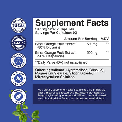 Diosmin Hesperidin 1000mg Complex for Adults - Bitter Orange Supplement for Varicose Veins Support, Leg & Feet Blood Health - Diosmin & Hesperidin Supplements from Citrus Aurantium - 60 Count