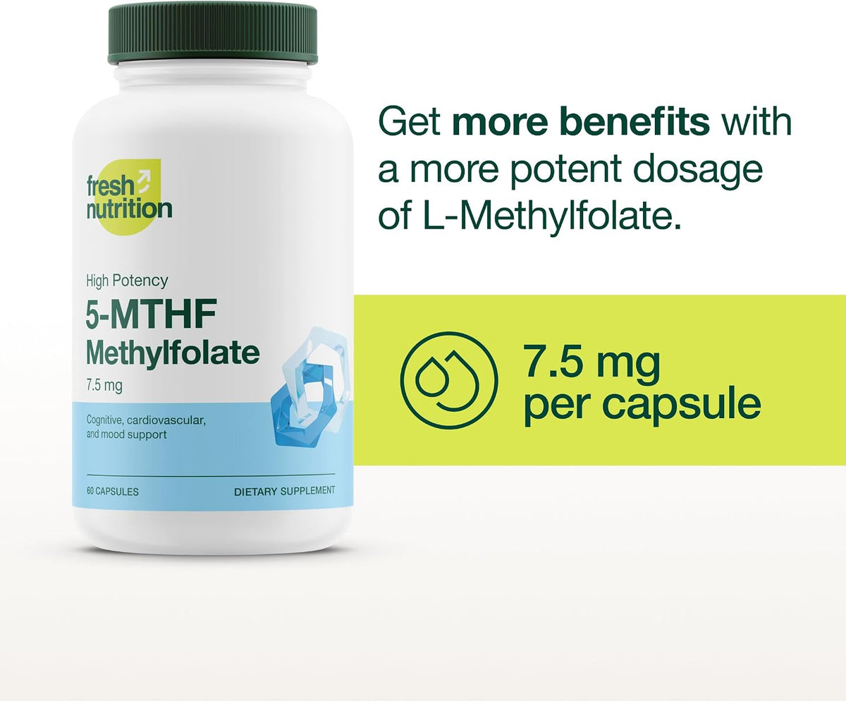 Fresh Nutrition L Methylfolate 7.5mg – DNA Verified for Maximum Potency – Superior Bioavailability – 5-MTHF Methyl Folate - 90 Capsules