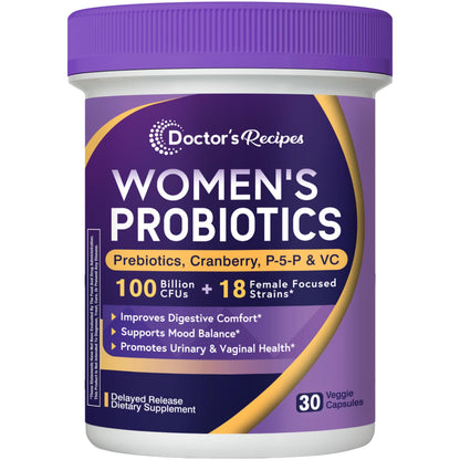 Doctor's Recipes Probiotics for Women, 100 Billion CFU, 18 Probiotic Strains, Prebiotics, Cranberry, P-5-P & VC, Vaginal, Digestive & Immune Support, Shelf-Stable, 30 Vegan Caps