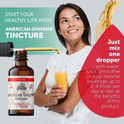 American Ginseng Tincture Extract, Organic American Ginseng (Panax Quinquefolius) Dried Root Supplement, Non-GMO in Cold-Pressed Organic Vegetable Glycerin 700 mg, 2 oz (60 ml)