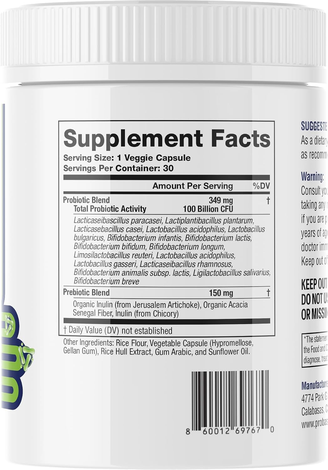 Probase Nutrition Probiotic, 100 Billion CFU, 10 Strains with Prebiotics, 30 Veggie Capsules, Gluten Free for Men and Women, 30-Day Supply
