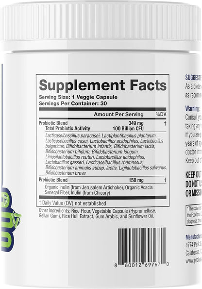 Probase Nutrition Probiotic, 100 Billion CFU, 10 Strains with Prebiotics, 30 Veggie Capsules, Gluten Free for Men and Women, 30-Day Supply