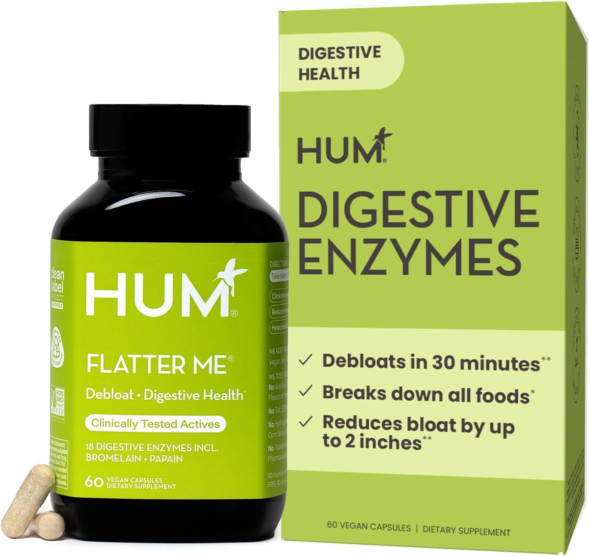 HUM Flatter Me Digestive Enzymes, Digestion & Bloating Support, 60 Count