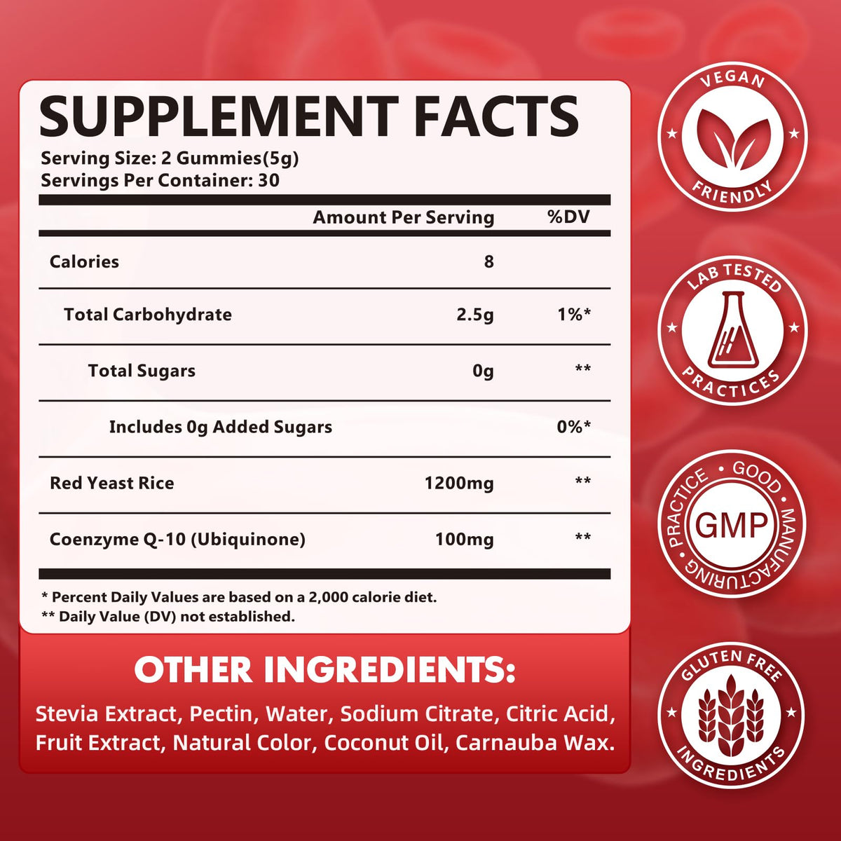 Red Yeast Rice Gummies 1200mg with CoQ10 100mg, Red Yeast Rice Supplement | Supports Cellular Energy Production and Natural Antioxidant Defense, Vegan, Gluten-Free, Strawberry Flavor, 60 Count