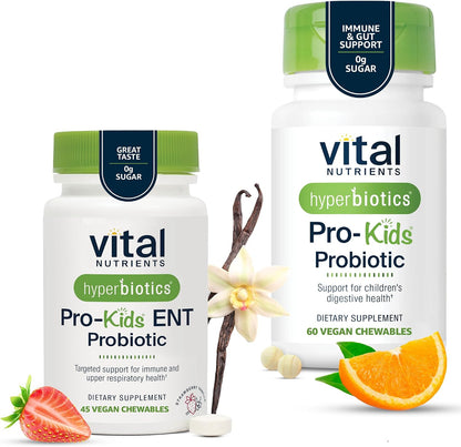 Hyperbiotics Vital Nutrients Children’s Health Bundle – ENT Formula with BLIS (45 Sugar-Free Strawberry-Vanilla Chewables) & Daily Digestive Support (60 Sugar-Free Orange Tablets) for Gut & Immune Wel