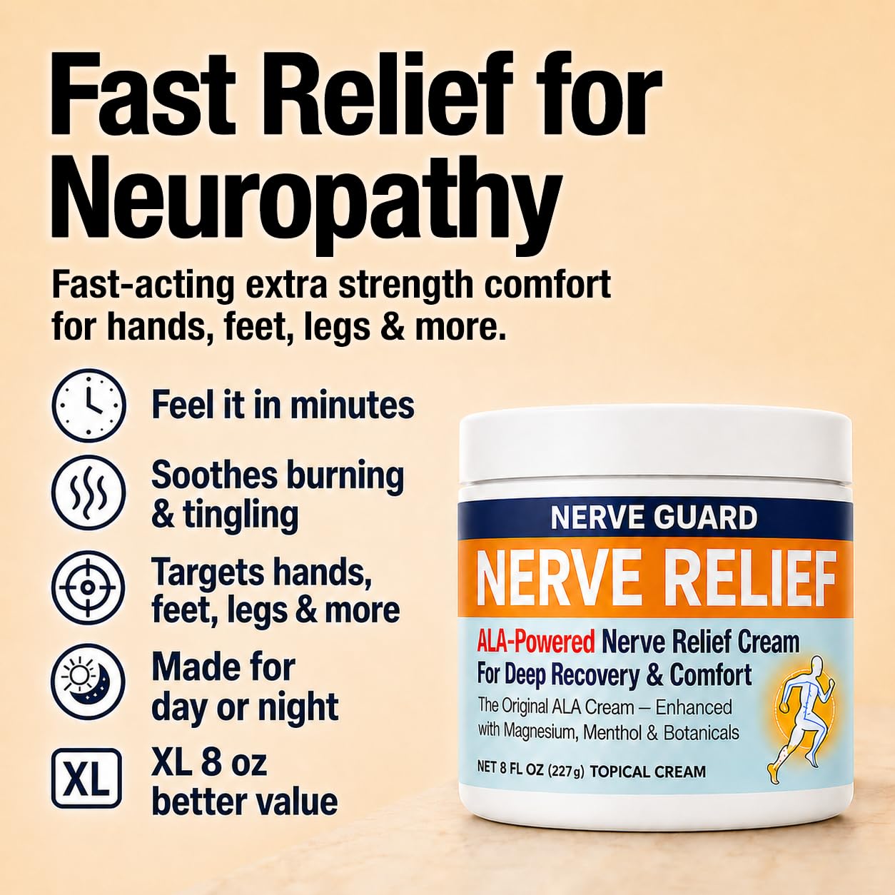 Neuropathy Cream – XL 8 oz – Maximum Strength Nerve Relief Cream for Feet Hands Legs Toes & Back – Fast Acting Relief with Menthol, Magnesium, ALA, Arnica –