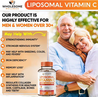 Wholesome Wellness Liposomal Vitamin C Capsules (200 Pills 1500mg Buffered) High Absorption + Food Multivitamin for Men - Natural Multi Vitamins, Minerals, Organic Extracts Bundle