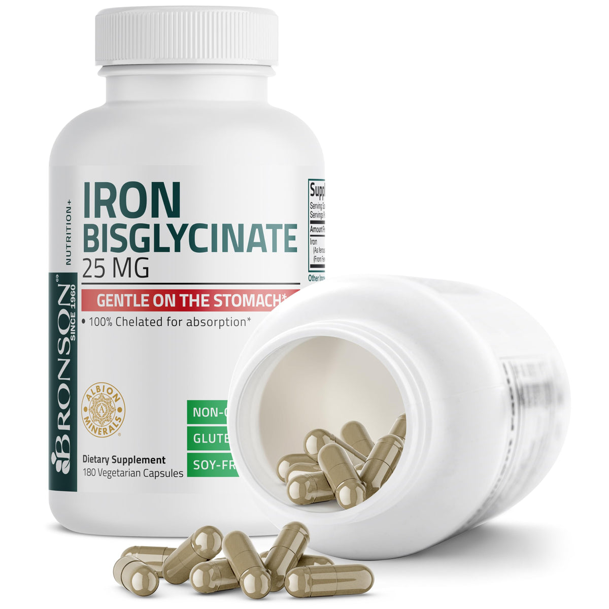 Bronson Iron Bisglycinate 25 mg, 90 Vegetarian Capsules | Gentle on the Stomach, Non-Constipating, Supports Energy & Red Blood Cell Production, Non-GMO, Gluten-Free & Soy-Free