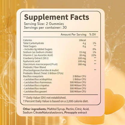 NEWUREHO Probiotic Pineapple Gummies, Hawaiian Pineapple Feminine PH Balance Gummies, Supports Female Vitality and Gut Health 60 Gummies