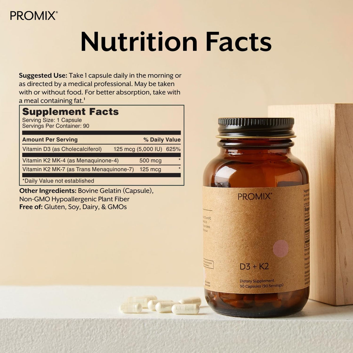 ProMix Nutrition Vitamin D3 K2 5000iu Supplement | MK4 & MK7 | Soy & Gluten Free - 90 Count Capsule