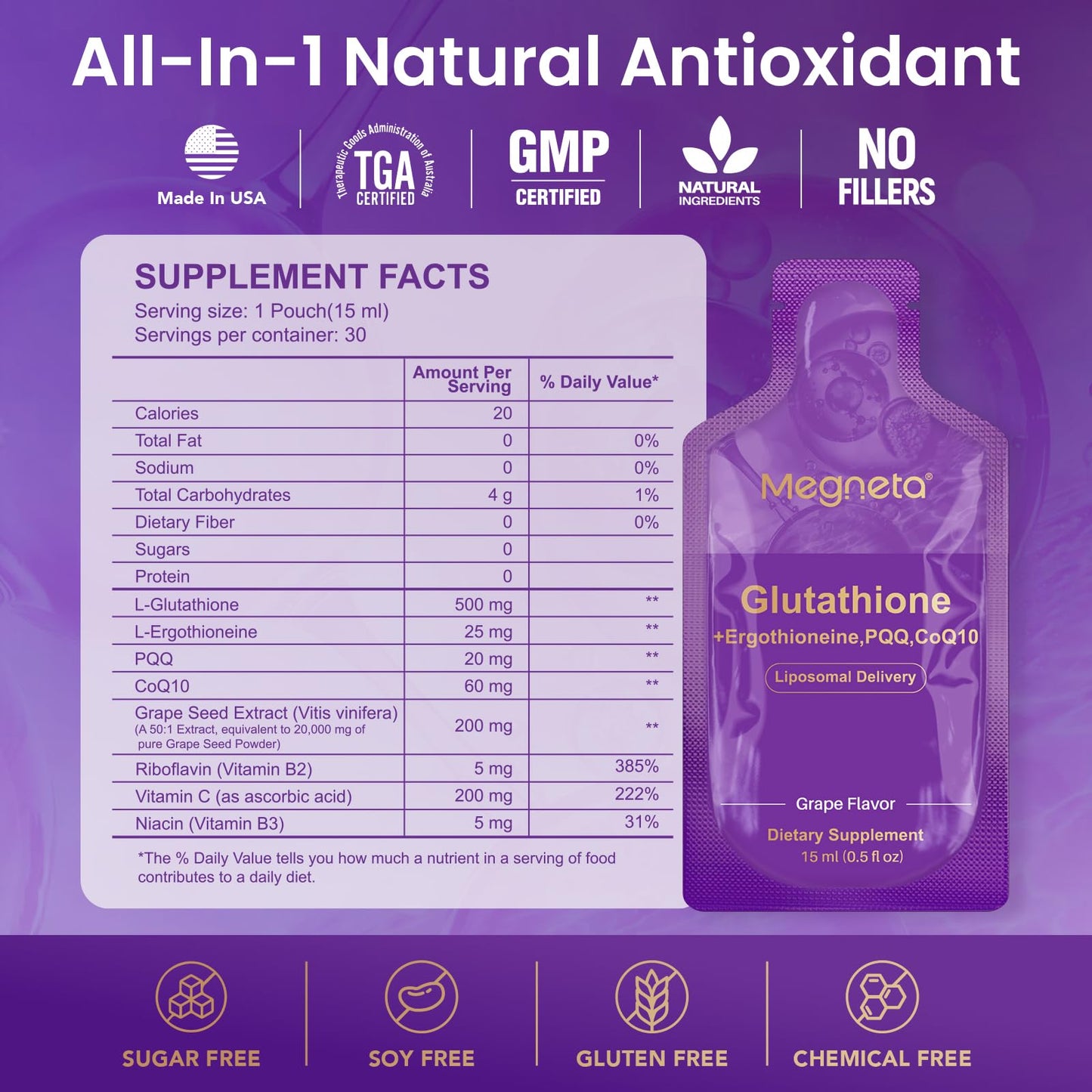 MEGNETA Liposomal Glutathione Supplement – 500mg Glutathione with PQQ, CoQ10 & Vitamin C – High Absorption Antioxidant for Immune & Energy Support – Grape Flavor, 30 Pouch