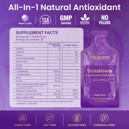 MEGNETA Liposomal Glutathione Supplement – 500mg Glutathione with PQQ, CoQ10 & Vitamin C – High Absorption Antioxidant for Immune & Energy Support – Grape Flavor, 30 Pouch