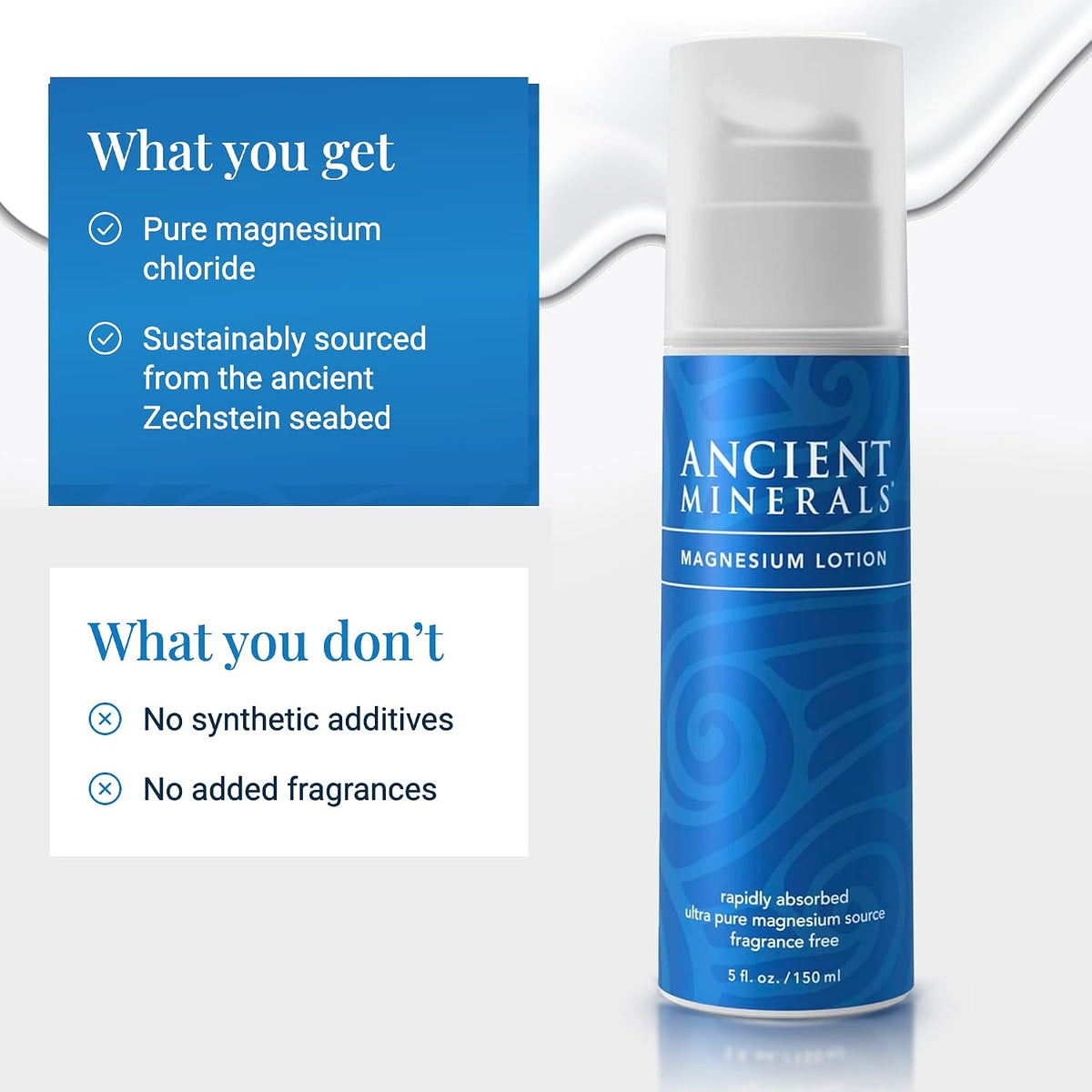 Ancient Minerals Magnesium Cream Lotion, Zechstein Chloride, 5oz | Magnesium chloride cream with shea butter, organic oils & hyaluronic acid. Non-greasy body lotion for skin hydration. 5 oz.