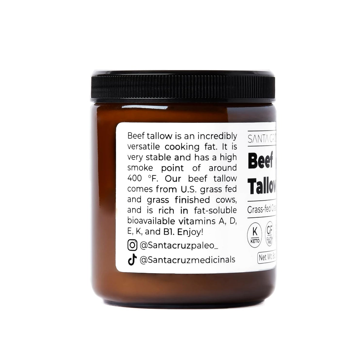Santa Cruz Paleo Beef Tallow for Cooking, 100% Grass Fed and Finished, Gluten Free, Keto, Sugar Free, Paleo, With Vitamin D, E, K, B1, A, Fatty Acids, 8 Oz