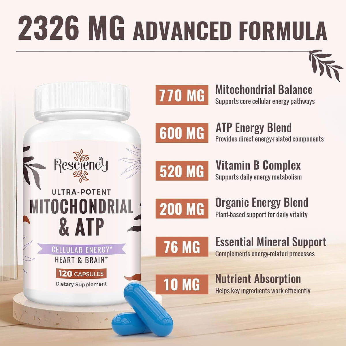 2326 MG Mitochondrial Supplements with ATP, Vitamins, CoQ10 & PQQ, More Effective Than Creatine HMB & Nitric Oxide, Energy, Endurance, Strength, Recovery & Muscle, Organic, 120 Capsules