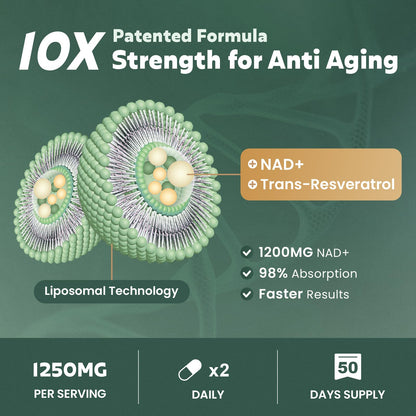 MEGNETA Liposomal NAD+ Supplement 1200mg with Trans Resveratrol - Boost NAD+ Levels, Energy & Anti-Aging Support - Vegan, 100 Capsules