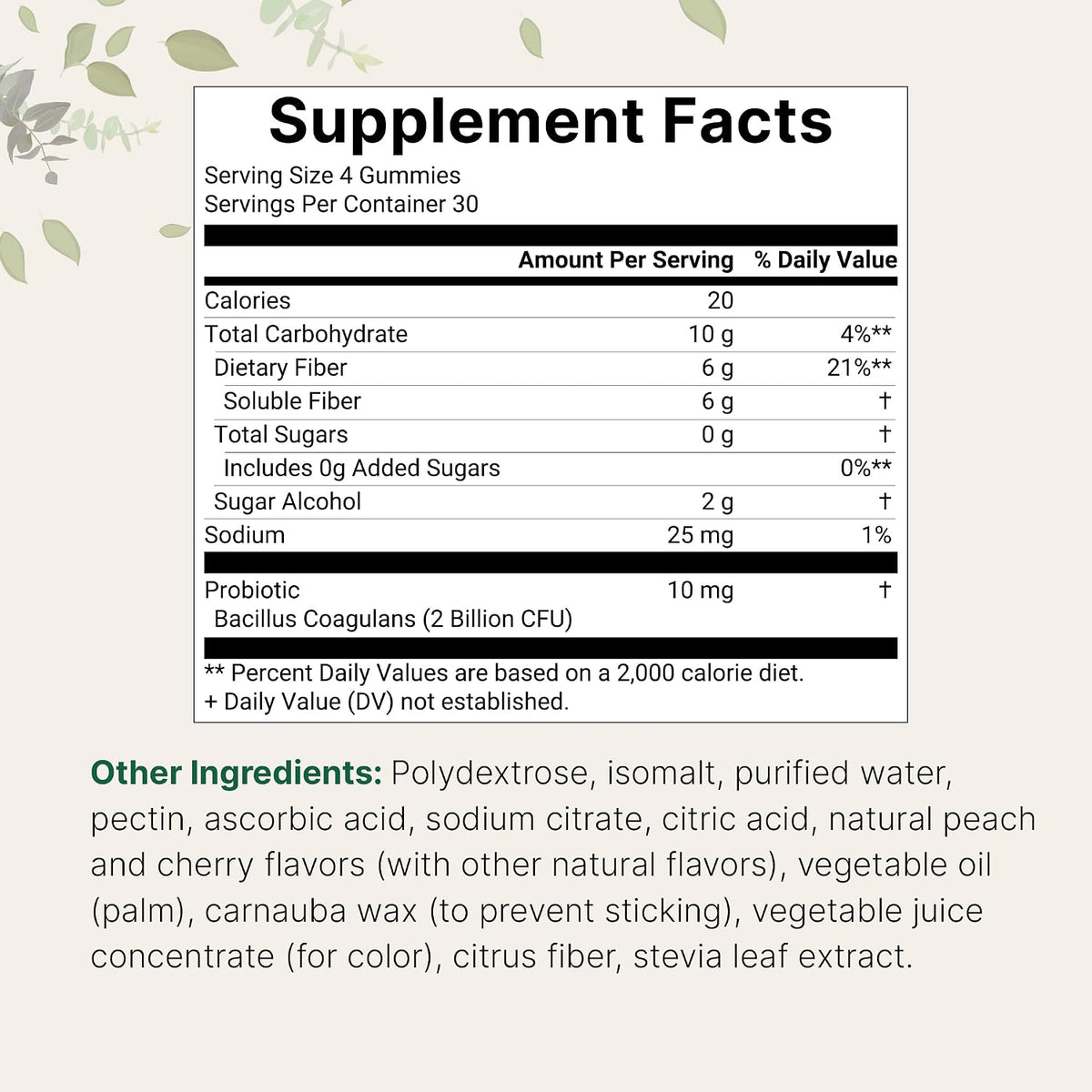 Micro Ingredients Fiber Gummies with Probiotics, 120 Count | 6g Per Serving + 2 Billion CFU | Sugar Free Peach Cherry Flavor | High Fiber Supplement for Women & Men | Non-GMO, Gluten Free