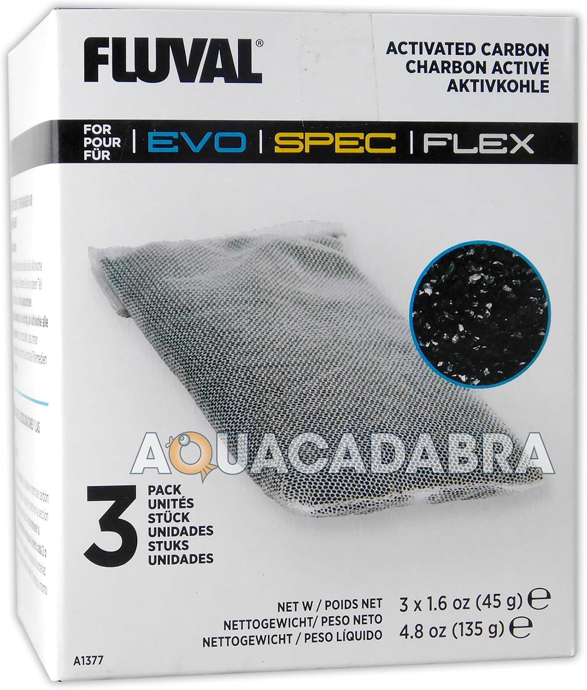 Fluval Spec/Evo/Flex Activated Carbon, Replacement Aquarium Filter Media, 3-Pack, A1377 | Replacement Aquarium Filter Media