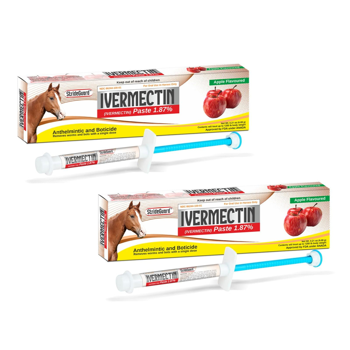 Horse Ivermectin Paste 1.87% – Apple Flavored Oral Horse Dewormer Syringe – 6.08g Tube Treats Horses Up to 1,250 lbs [Pack-1]