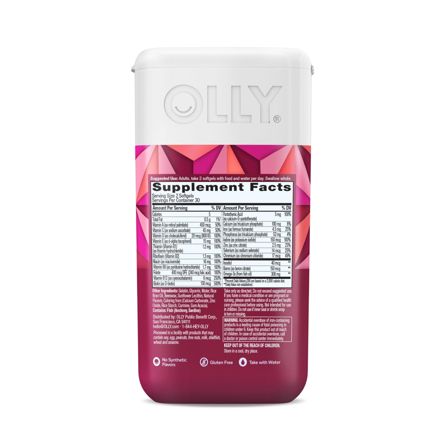 OLLY Ultra Women's Multi Softgels, Overall Health and Immune Support, Omega-3s, Iron, Vitamins A, D, C, E, B12, Daily Multivitamin, 30 Day Supply - 60 Count