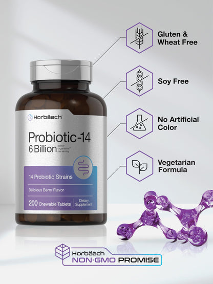 Horbäach Probiotics 6 Billion CFUs | 200 Chewable Tablets | Berry Flavor | 14 Probiotic Strains | Vegetarian, Non-GMO & Gluten Free Supplement for Men & Women