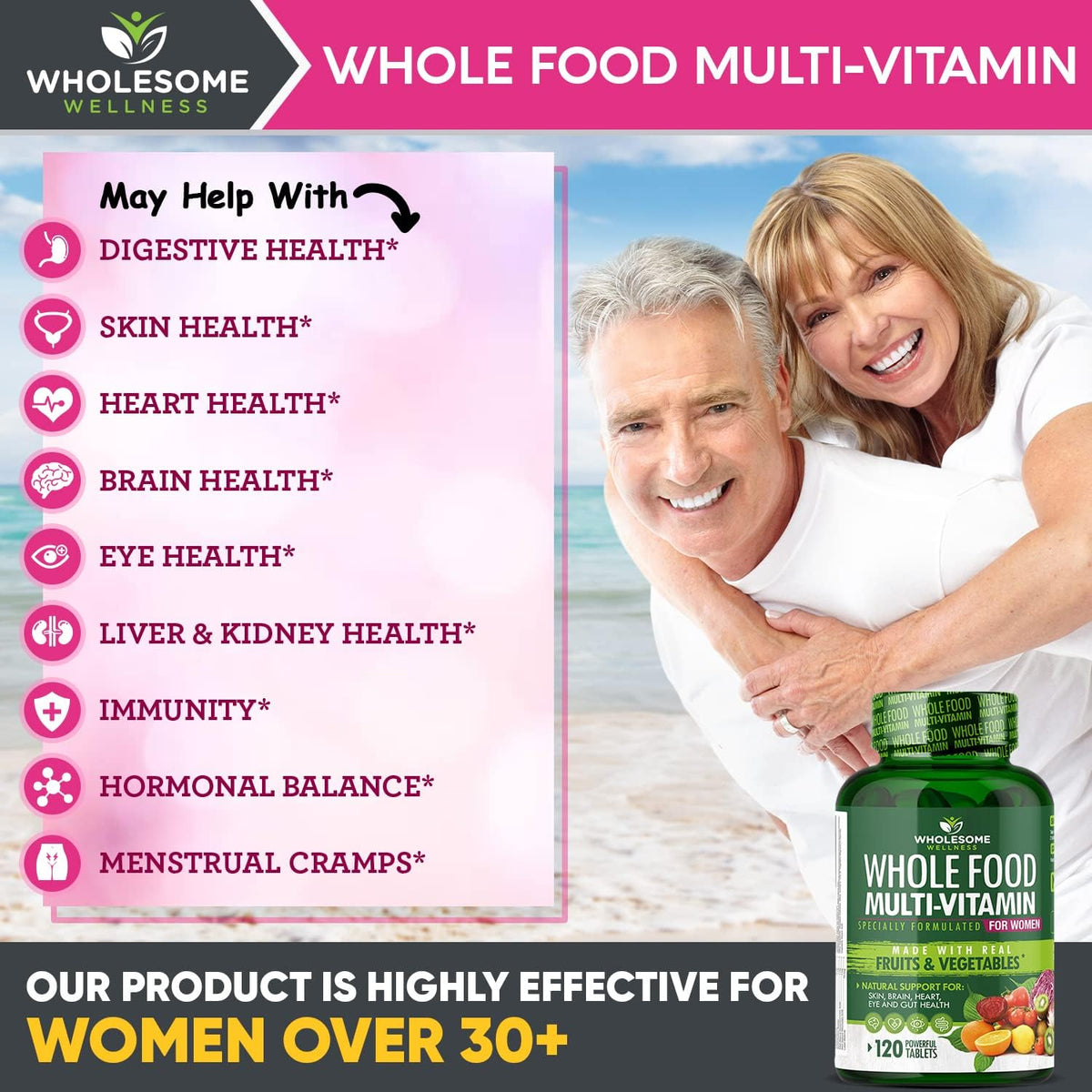 Wholesome Wellness Whole Food Multivitamin for Women - Natural Multi Vitamins, Minerals, Organic Extracts Digestive Enzymes 1000MG Bundle