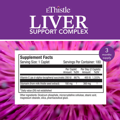 EThistle Liver Wellness Dietary Supplement, Milk Thistle & Vitamin E Liver Health Formula, Caplets 180 Count