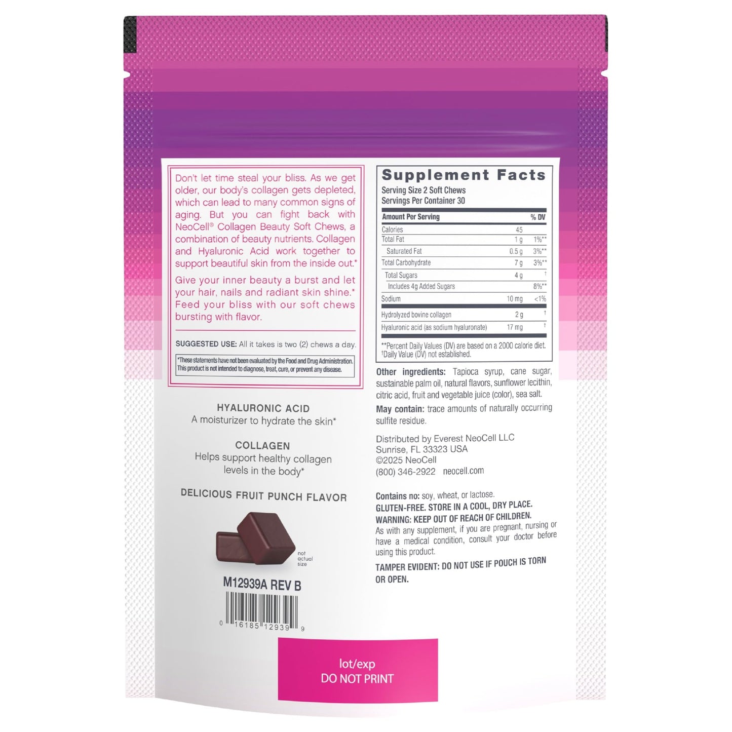 NeoCell Collagen Peptides Soft Chews | 60 Chewables | Beauty Bursts Supplement | with Hyaluronic Acid | Hair, Skin, & Nails | Fruit Punch Flavor