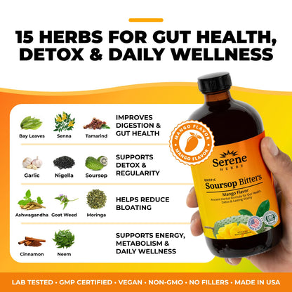 Serene Herbs Soursop Bitters Liquid with Soursop Leaves for Gut Cleanse, Detox & Immune Boost with Black Seed, Moringa, Irish Moss