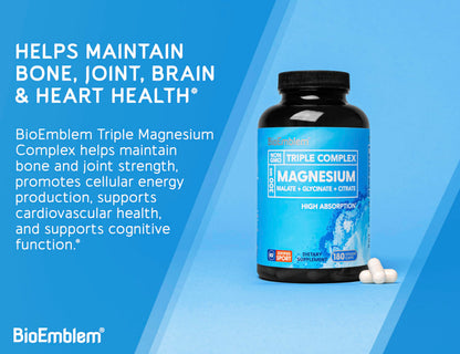 BioEmblem Triple Magnesium Complex | 300mg of Magnesium Glycinate, Malate, & Citrate for Muscles, Nerves, & Energy | High Absorption | Vegan, Non-GMO (180 Capsules)