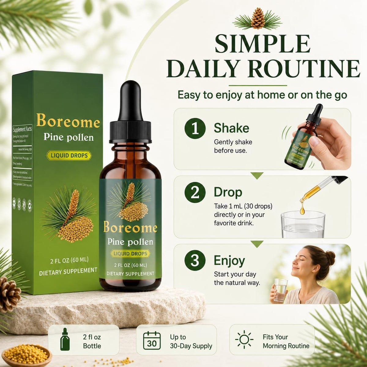 Pine Pollen Tincture | Pine Pollen Powder Liquid Drops for Men & Women - Vegan, Sugar & Alcohol-Free Supplement - 2 fl oz