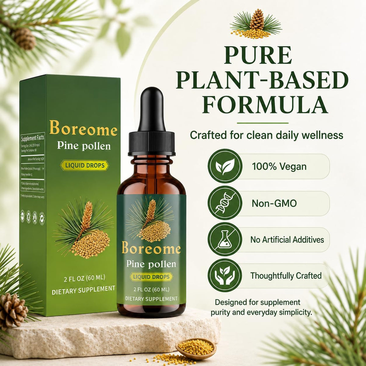 Pine Pollen Tincture | Pine Pollen Powder Liquid Drops for Men & Women - Vegan, Sugar & Alcohol-Free Supplement - 2 fl oz