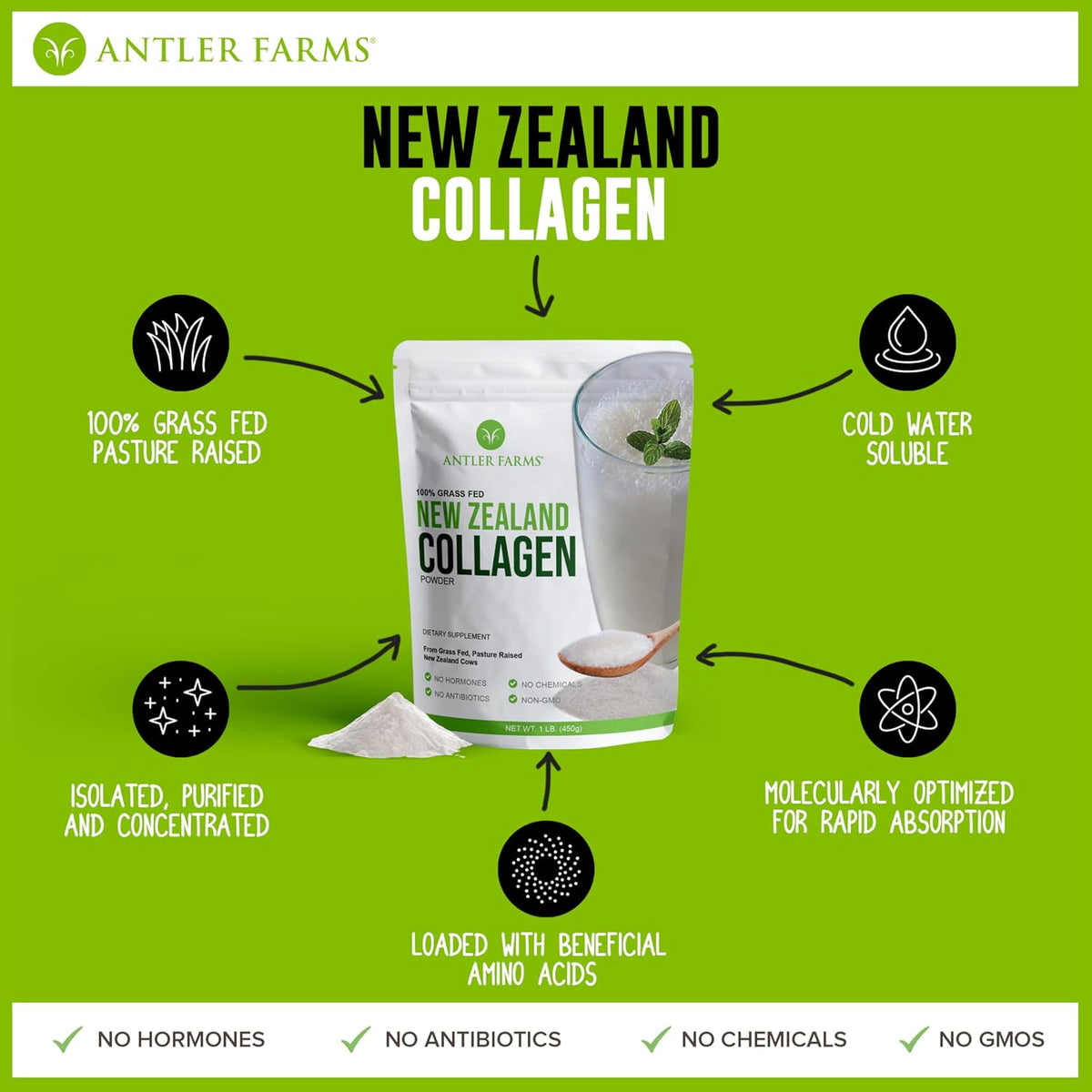 Antler Farms New Zealand Collagen Powder - Grass Fed, Unflavored, 1 lb | 100% Pure Hydrolyzed Collagen Peptides Powder, Cold Water Soluble Peptide, Keto Friendly, Bioavailable, Quick Dissolving