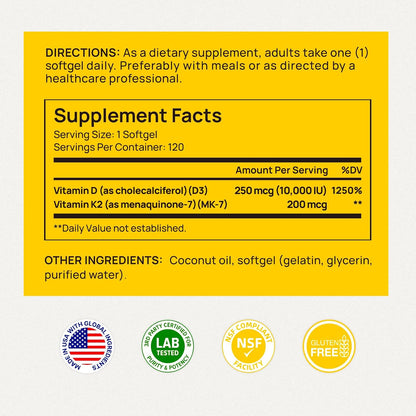 Selerb Vitamin D3 K2 with Virgin Coconut Oil -Vitamin D3 10000 IU + K2 MK-7 200 mcg Vitamin Supplement for Bone, Immune and Heart Support Easy to Swallow 120 Softgels