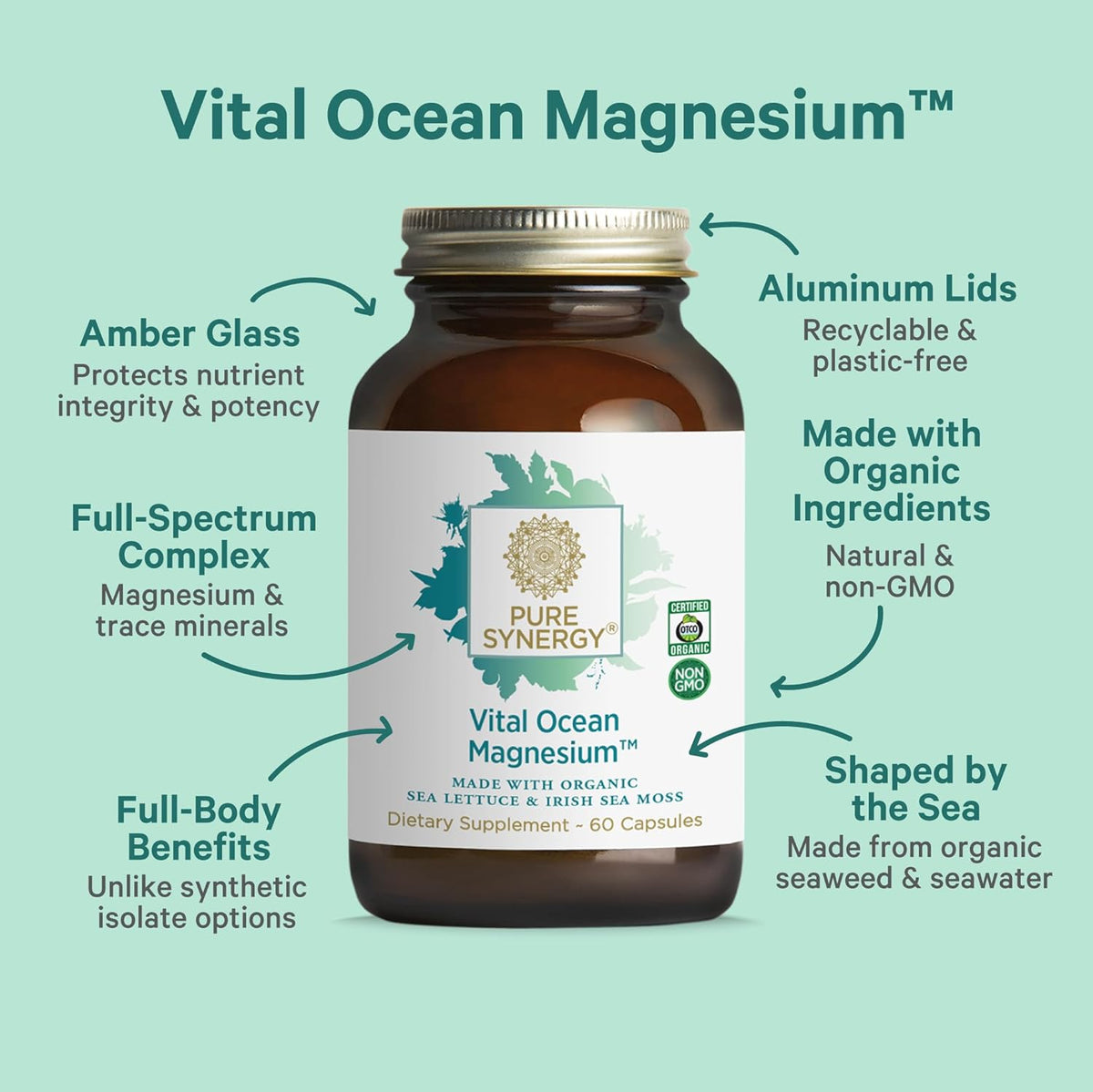 PURE SYNERGY Vital Ocean Magnesium | Organic Magnesium Supplement Capsules | Vegan, Seaweed-Based Complex with Spirulina, Chlorella, & Wakame | for Energy, Sleep, & Stress (60 Capsules)