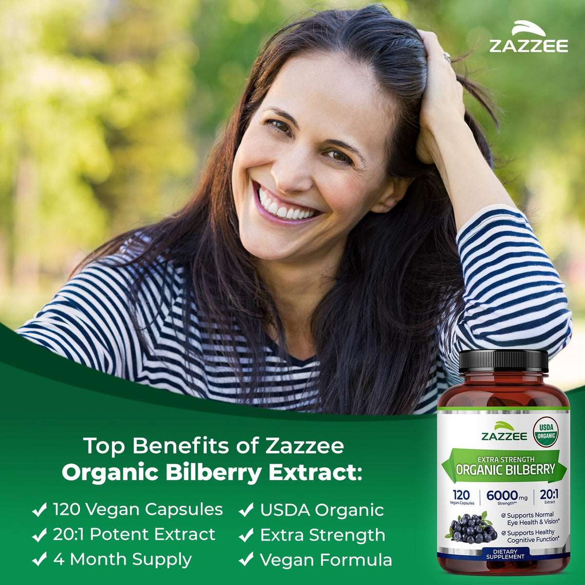 Zazzee USDA Organic Bilberry 20:1 Extract, 120 Vegan Capsules, 4 Month Supply, Vaccinium Myrtillus, Eye Health, Vision & Antioxidant Support, All-Natural, Non-GMO, Made in the USA