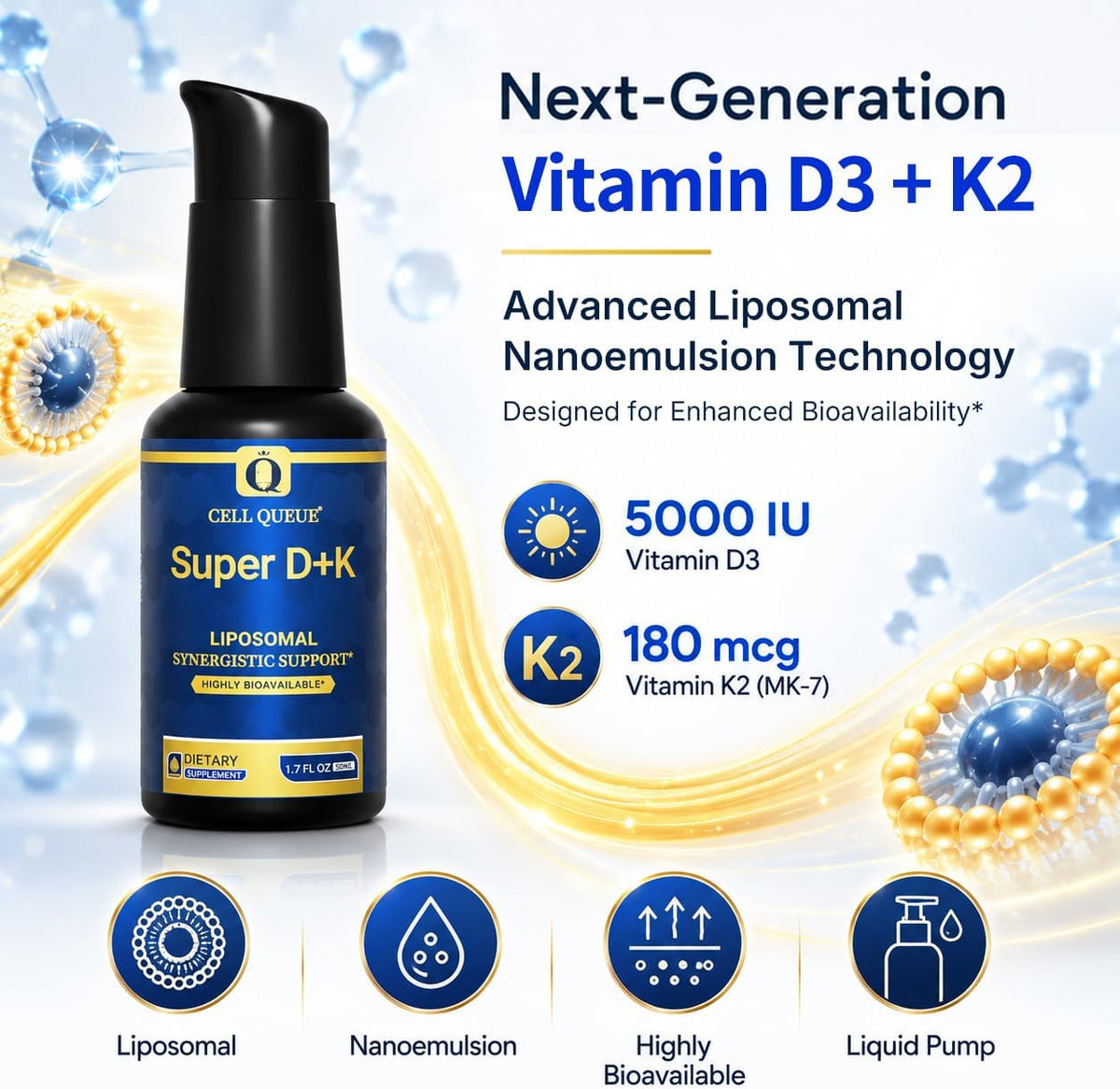 Liposomal Vitamin D3 K2 Liquid 5000 IU – Nanoemulsified D3 + Vitamin K2 MK-7 for High Absorption, Bone & Muscle Support, Immune Health, Calcium Absorption Support, Non-GMO, 50 Servings