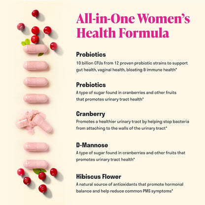 3-in-1 Womens Probiotic - Probiotics, Prebiotics, D-Mannose, 60 Day Supply | Prebiotics and Probiotics for Women, Ingredients to Support Digestive Health, Vaginal Health & pH Balance, Women Probiotic*