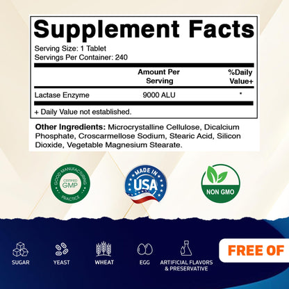 Vitamatic Lactase Enzyme 9000 FCC 240 Tablets - Lactose Intolerance Relief Caplets
