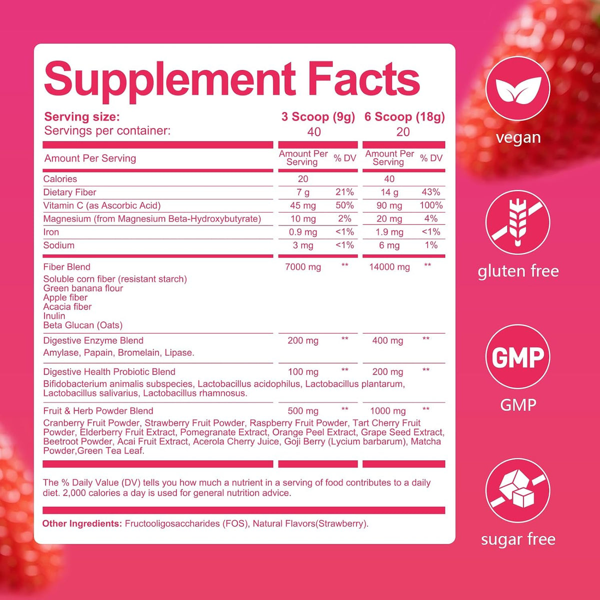 Migcopat Superfood Fiber Powder with Probiotics, Prebiotics, Digestive Enzymes, Vitamin C, Inulin, Magnesium, 14G Fiber Supplement for Digestive Support & Skin Health, Strawberry, 40 Serv.