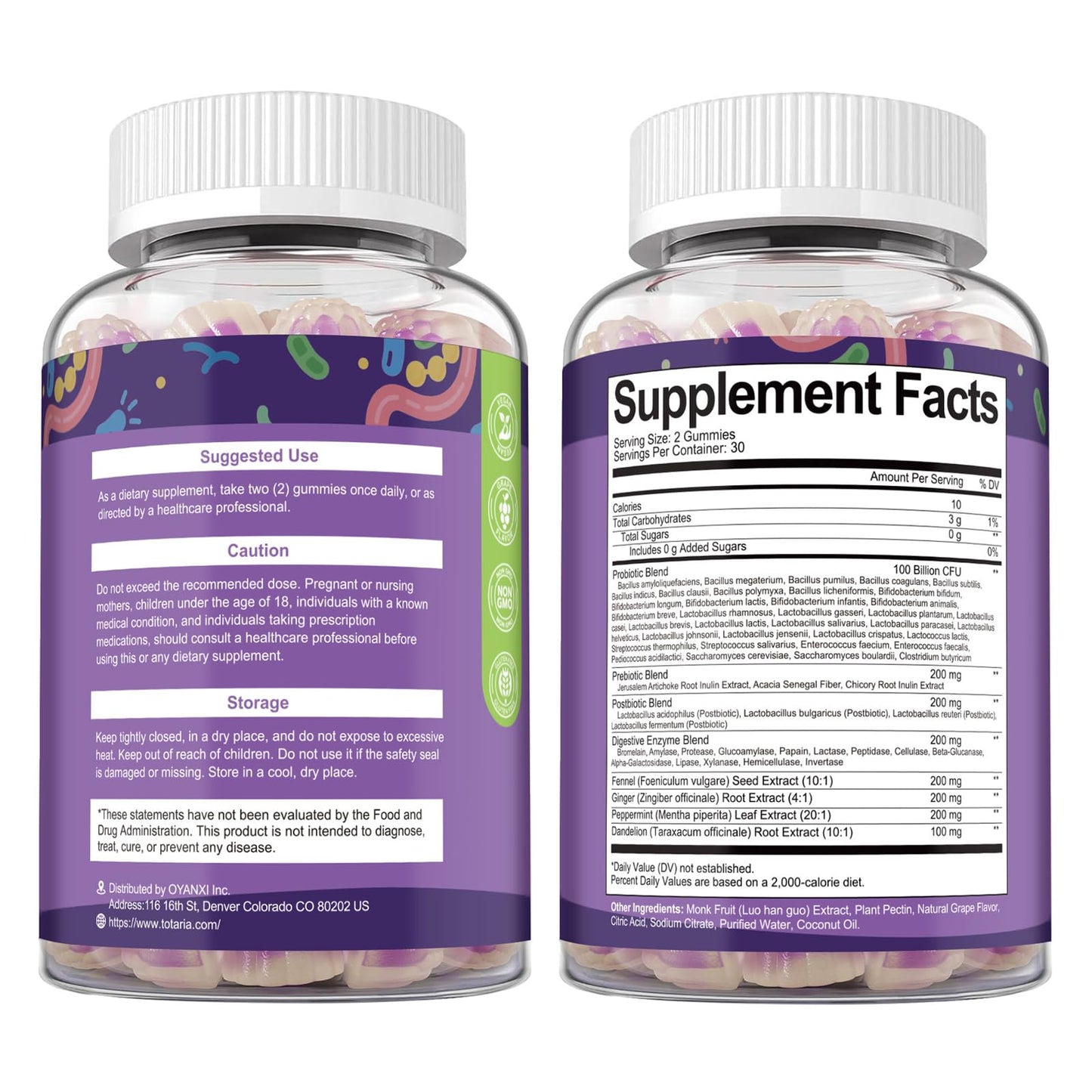 Totaria 2 PCS Sugar Free 5-in-1 Probiotic Prebiotic Postbiotic Gummy, 36 Strains Probiotics for Women Men with Digestive Enzymes, Peppermint, Complete Immune, Gut & Digestive Support, Grape Flavor