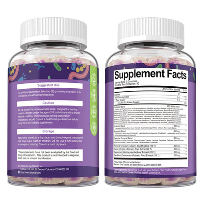 Totaria 2 PCS Sugar Free 5-in-1 Probiotic Prebiotic Postbiotic Gummy, 36 Strains Probiotics for Women Men with Digestive Enzymes, Peppermint, Complete Immune, Gut & Digestive Support, Grape Flavor