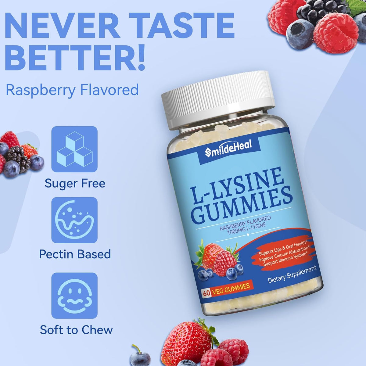 L-Lysine 1000mg Gummies, Chewable Lysine Supplement for Adults | Lysine Gummies for Immune Support, Collagen Formation Support, Vegan, Gluten Free - 60 Counts