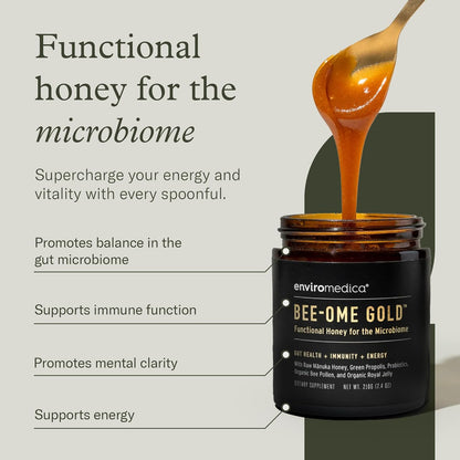 Bee-Ome Gold Raw Manuka Honey with Probiotics & Royal Jelly, 7.4oz | Unpasteurized raw Manuka honey with bee pollen & propolis. Functional superfood honey by Enviromedica. 7.4 oz.