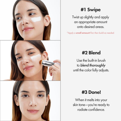 ELROEL Blanc Cover Cream Stick V White - Korean Color-Changing Foundation Stick with Volufiline - Medium to Full Coverage Dewy Finish Base Makeup - Dual-Ended with Detachable Brush (201 Light)