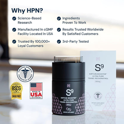 HPN S(9) Trans-Resveratrol for Antioxidant & Sirtuin Support, 30 Caps | Ultra-pure trans-resveratrol antioxidant formula supports sirtuin activity and healthy aging; 30 capsules.