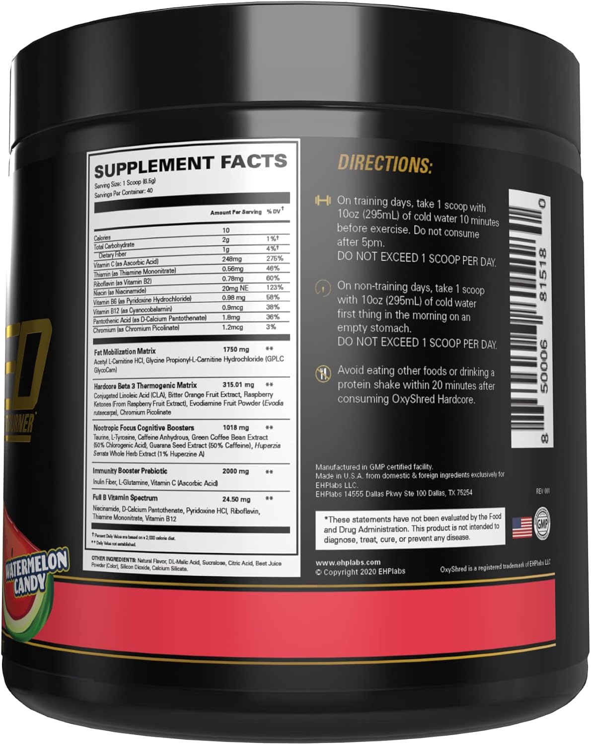 EHP Labs OxyShred Hardcore Super Dosed Pre Workout Powder - Preworkout Powder with L Glutamine & Acetyl L Carnitine, Energy Boost Drink - 275mg of Caffeine - Watermelon Candy, 40 Servings