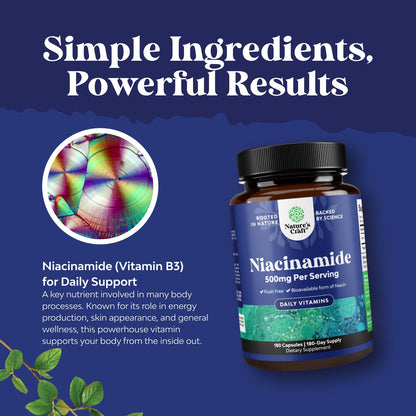 Pure Vitamin B3 Niacinamide 500mg Capsules - Niacinamide (Vit B3) 500mg Flush Free Form of B3 Vitamins for Skin Health Detox & NAD Production Support for Women & Men