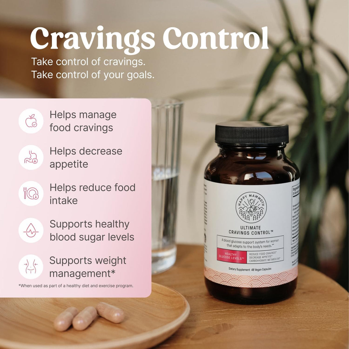 Happy Mammoth Ultimate Cravings Control – Sugar & Carb Cravings Support, Chromium, Natural Appetite Management & Metabolism Supplement for Adults, Non-GMO, No Gluten, Dairy, Soy or Sugar, 48 Capsules